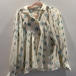 Charlie Joe Western Cream and Blue Patterned Women's Top